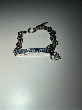 Silver Tone Chain Bracelet with Blue Crystals and 'Faith' ‘Blessed’ Bar